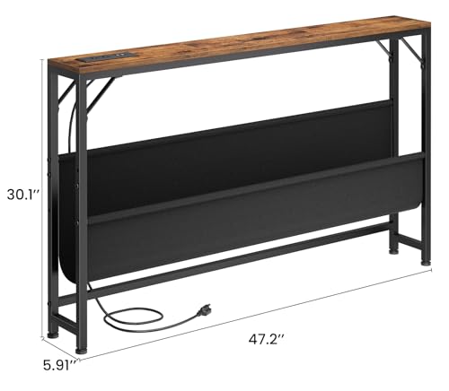 Asgolion 47.2'' Skinny Console Table with Power Outlet, 5.91" Behind Couch Table with Charging Station, Long Sofa Table, Narrow Entryway Table for Living Room, Foyer, Hallway, Rustic Brown Asgolion