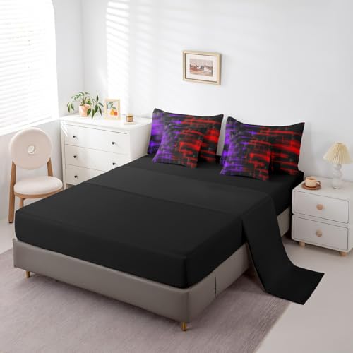 Feelyou Red and Purple Comforter Set with Sheets 7 Piece Queen Size Kids Geometric Bed in a BagStrip Lines Bedding Set Abstract Art Bed Set with Comforter, Sheets,Pillowcases,Cushion Covers Feelyou