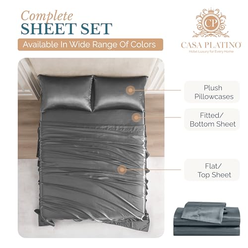 Casa Platino Satin Twin Sheets - Silky Soft Twin Sheet Set with 15 Inch Deep Pocket Fitted Sheet, Luxurious Feel, Silky Smooth,Makes for a Great Nights Sleep, Stylish Finish - Dark Gray Casa Platino