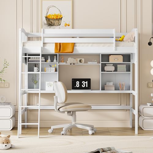 Merax Twin Loft Bed with Desk, Solid Wood Twin Size Loft Bed Frame with Shelves, White Merax