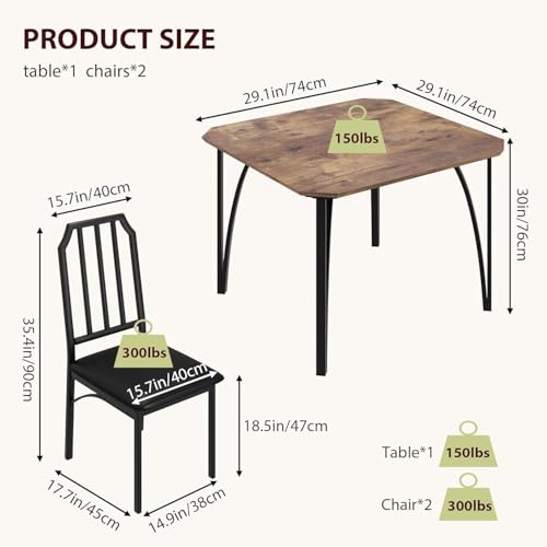 IDEALHOUSE Dining Table Set for 2, Kitchen Table Set of 2 with Upholstered Cushion Chairs, Dining Room Table Set with Kitchen Chairs, Easy to Assemble, Suitable for Apartment - (Rustic Brown) IDEALHOUSE