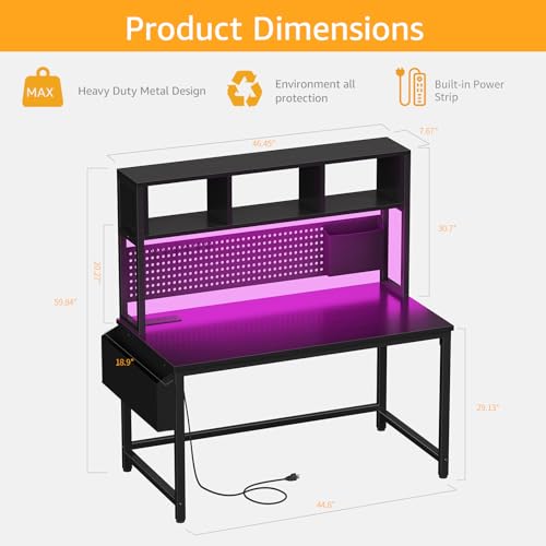 DLisiting Black Gaming Desk with Hutch and Pegboard - 47 Inch Gaming Desk with Shelves Storage Power Outlets, Computer Teen Work Study Writing Desks for Bedroom Home Office DLisiting