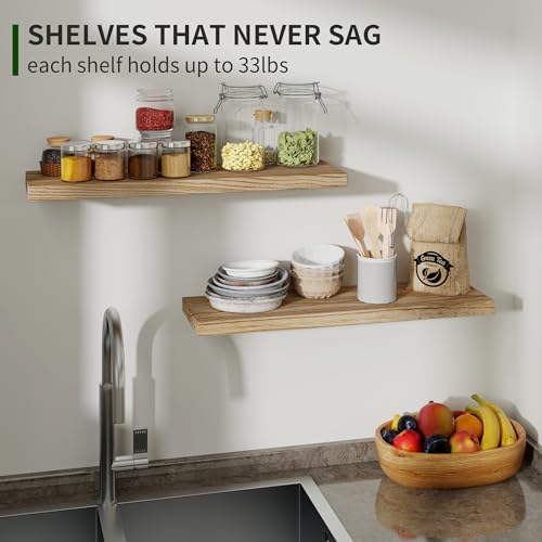 Floating Shelves, 24 Inch Wall Shelf Set of 2, Rustic Wood Shelves for Wall Storage, Wall Mounted Wooden Display Shelf for Bathroom Bedroom Kitchen, Carbonized Black Marsmiles