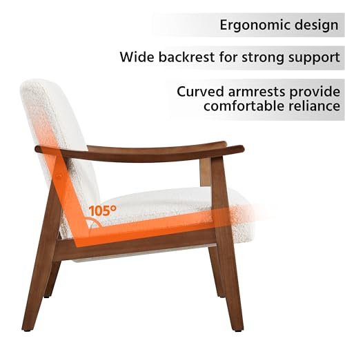 Yaheetech Fabric Accent Chair, Mid-Century Modern Armchair with Solid Wood Legs, Reading Leisure Chair with High Back for Living Room Bedroom Waiting Room,Ivory Yaheetech