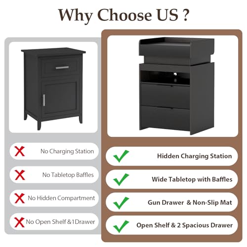 Turosur Black Night Stand with Charging Station,Wood Nightstand with 2 Drawers Modern Style, LED Lights Wooden End Tables with Sliding Top Open Storage Shelf Bedside Table for Living Room Bedroom Turosur