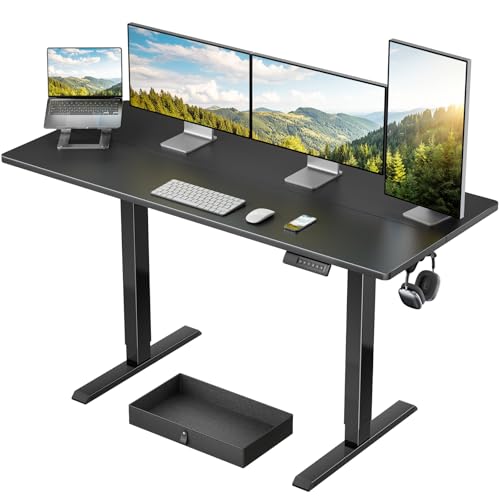 Marsail 48x24 Electric Standing Desk with Drawer, Computer Desk, Sit Stand Office Table with Storage & Hooks & Cable Management, Ergonomic Height Adjustable Table for Home Office, Black Marsail