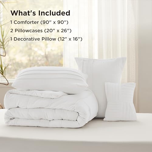 Bedsure White Queen Comforter Set - 4 Pieces Pinch Pleat Bed Set, Down Alternative Bedding Sets for All Season, 1 Comforter, 2 Pillowcases, 1 Decorative Pillow Bedsure