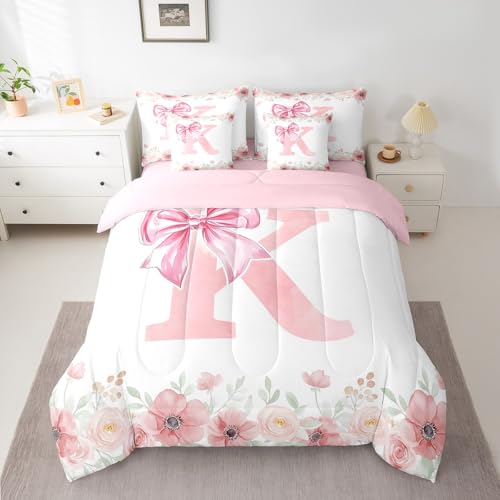 Erosebridal Initial Letter K Bed in A Bag Pink Monogrammed Bowknot Bedding Sets Twin for Girls Kids Young Woman, Floral Dreamy Princess Style Comforter Set with Sheets with 2 Pillowcases Erosebridal