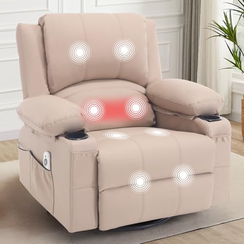 Comermax Faux Leather Swivel Rocker Recliner with Heat and Massage Cup Holders, Overstuffed Rocking Glider Chair Heated Massaging Reclining Chair,Beige
