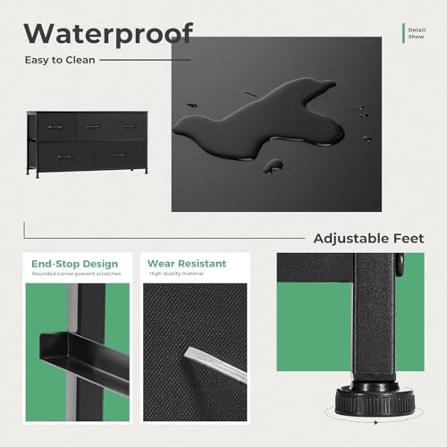 OLIXIS Dresser for Bedroom, 5 Storage Fabric Drawers, Metal Frame and Wooden Top, Tall Storage Drawer Dresser for Closet with Easy Pull Handles for Living Room, Entryway, Small Space Black OLIXIS