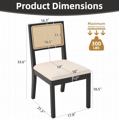 Westice Rattan Dining Chairs Set of 6, Farmhouse Natural Dining Room Chairs with Upholstered Cushion, Wood Armless Chairs for Kitchen/Restaurant, Black Westice