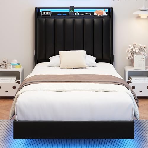 Twin Size Floating Bed Frame with Ergonomic Hidden Storage Headboard and LED Light,Visual Floating Bed Frame with Charing Station,Leather Upholstered Platform Bed for Kids/Boys/Girls,Heavy Duty,Black Jocoevol