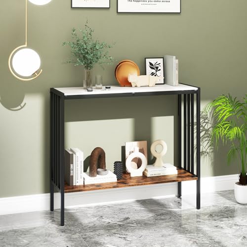 Giantex 36" Narrow Console Table, 2-Tier Industrial Entryway Table with Open Storage Shelves & Metal Frame, Faux Marble Sofa Table Behind Couch for Living Room, Hallway, Foyer, White & Rustic Brown Giantex