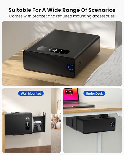 EAMIRUO Small Handgun Safe for Pistol Unlock with Fingerprint/Keypad/Key/App, Slide-Away Gun Lock Box Biometric Pistol Safe for Nightstand Bedside (Black) EAMIRUO