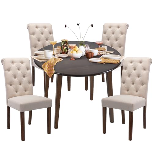 COLAMY 5-Piece Extendable Dining Table Set for 4, 36" Kitchen Round Wood Table with 4 Tufted Dining Room Chairs, Light Brown/Beige COLAMY