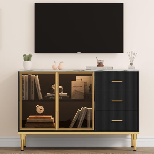 GAOMON Buffet Sideboard Cabinet with Storage, 46.4" Large Fluted Kitchen Sideboard Cabinet with 2 Glass Doors 3 Drawers and Shelves, Faux Marble Top Buffet Table for Dining Room, Living Room, Black GAOMON