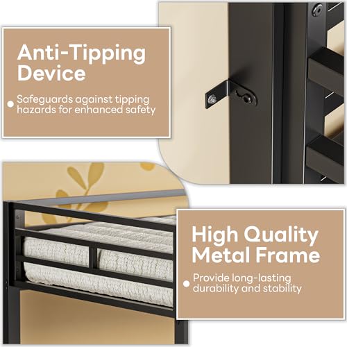 LIKIMIO Bunk Bed, Triple Bunk beds Twin Over Twin Over Twin with 2 Ladders, Metal Frame with Guardrails for Bedroom, No Box Spring Needed, Black LIKIMIO