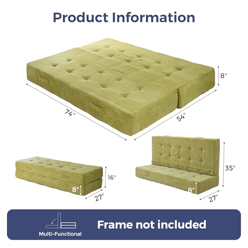 MAXYOYO 8" Full Size Folding Mattress with Handles, Tufted Foldable Couch Bed(Frame Not Included), Versatile Folding Mattress for Floor Sleeping, Living Room & Guest Room, Green MAXYOYO