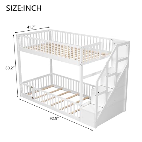 SOFTSEA Twin Over Twin Floor Bunk Bed with Storage Stairs, Solid Wood Low Bunk Bed Frame with Door & Guardrails, Space-Saving Stairway Bunk Beds for Kids Teens & Adults, White SOFTSEA