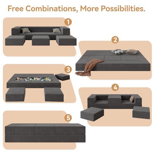 Vivaadecor Floor Sofa Bed, Queen Velvet Folding Sofa Couch with 3 Ottomans, Sleeper Foam Couch with Removable Cover, Futon Convertible Sofa Bed for Living Room/Guest/Play Room/Office/Dorm(Dark Grey) Vivaadecor