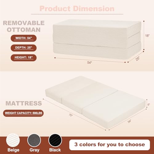 6-Inch Tri-Fold Foldable Mattress, Folding Sofa Bed with Removable Washable Cover, Portable Futon Mattress Full Size Floor Guest Mat with Non-Slip Bottom & Carry Handles for Camping (Beige, Full) AOLVDOW