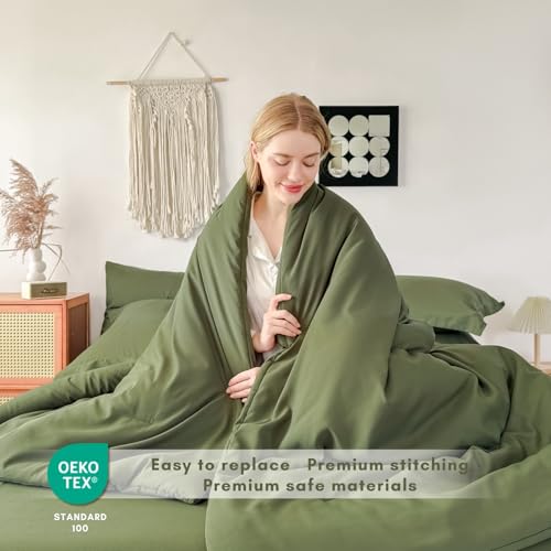FMLIUY Twin/Twin XL Comforter Duvet Cover Set Olive Green - 7-Piece Bed in a Bag, Festive Gift Double Brushed Micorfiber All-Season Soft Bedding with Sheets & Envelope Pillowcases (68"x88",Twin) FMLIUY