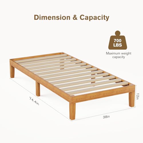 Sweetcrispy Solid Wood Bed Frame, Twin Size Bed Base with Wood Slat Support, Sturdy, Stylish & Noise-Free Design, No Box Spring Needed, Easy Assembly, 12 in Natural Pine Sweetcrispy