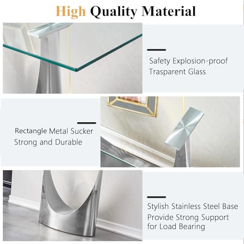 Modern Entryway Console Table with Tempered Glass Top & U Shape Stainless Steel Pedestal Base, Long Consle Table Behind Couch, Hallway Table for Entryway, Living Room Console Table, Foyer Table,Silver TehRecBT