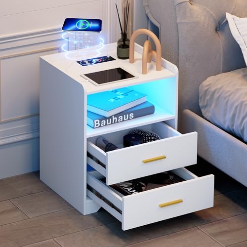 dnbss White LED Nightstand with Charging Station and 24-Color RGB Lights, Smart Night Stand with Human Sensor Lighting, Modern Bedside Table for Bedroom dnbss