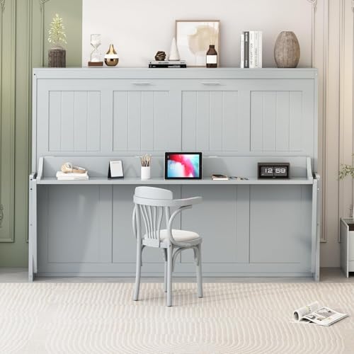 Queen Horizontal Murphy Bed with Desk,Solid Wood Folding Hideaway Murphy Wall Bed for Adult,Guest Room (Grey,Queen) MERITLINE