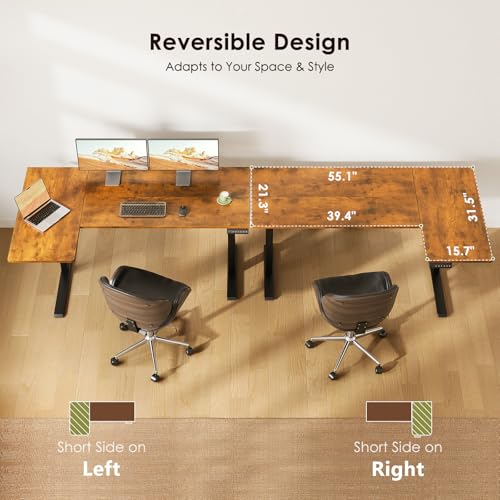 OffiGo Electric L Shaped Standing Desk, 55 Inches Height Adjustable Table, Reversiable Corner Stand Up Desk, Lifting Computer Table for Home Office, Computer Workstation, Rustic Brown OffiGo