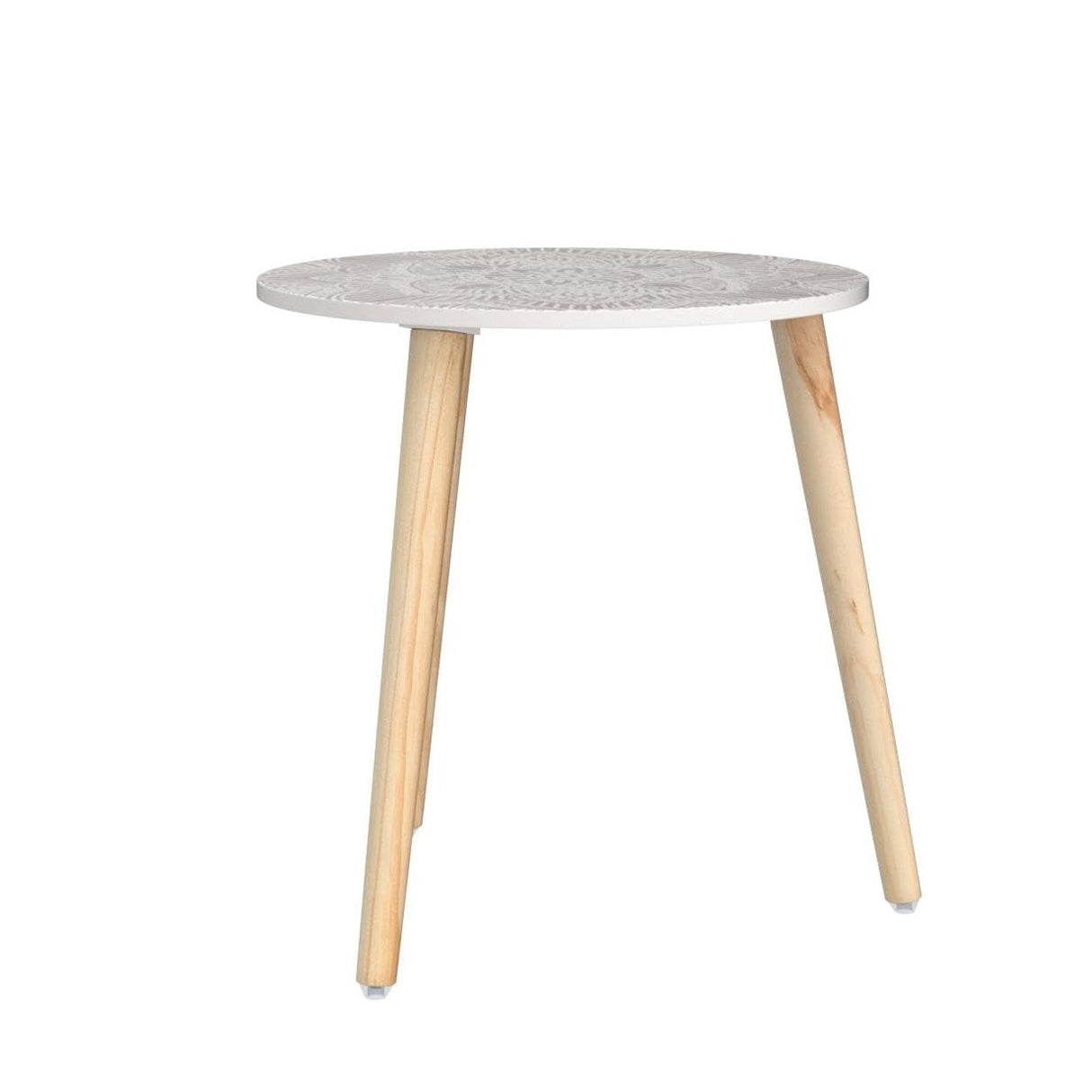 Hanobe Small Round Side Table: Boho End Tables for Living Room Bohemian Accent Bedside Table White Washed Bedroom Nightstand Farmhouse Home Decor Decorative with 3 Wood Legs, Easy Assembly Hanobe