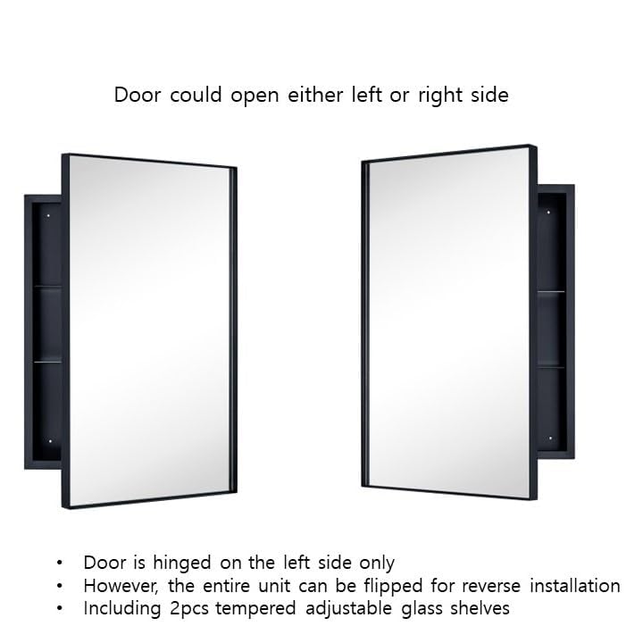 TEHOME Recessed Mount 16x26'' Squared Rectangle Matt Black Bathroom Medicine Cabinet with Mirror Black Metal Framed Rectanglular Medicine Cabinet 2 Adjustable Glass Shelves TEHOME