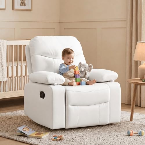 Nursery Glider Recliner with Adjustable Armrests, Oversized Comfortable Nursing Chair for Breastfeeding Moms, 360°Swivel, 90°-160° Recline, Quiet Rocking Chair Nursery for Living Room, White