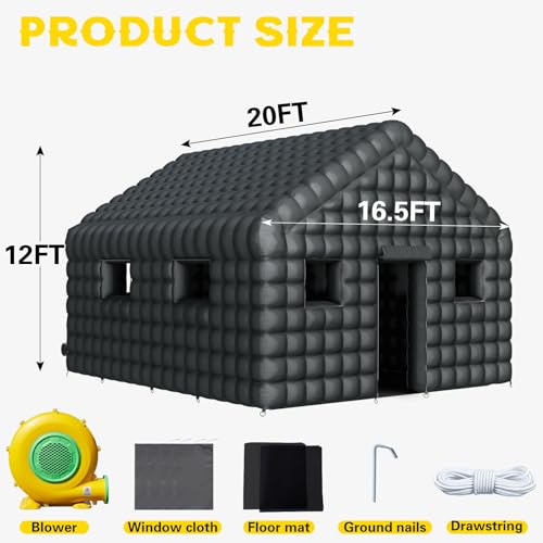 EROMMY 20x16.5x12 FT Large Black Inflatable Nightclub, Blow Up Party Tent Portable with 950W Blower, Disco Night Club Tent for Adult Birthday Party Business Rental EROMMY