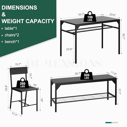 Shintenchi Kitchen Table Chairs Set of 4, Dining Table Set for 4 with Bench and Chairs, 4 Pieces Kitchen Table Set with Storage Rack & Metal Frame for Small Space, Black Shintenchi