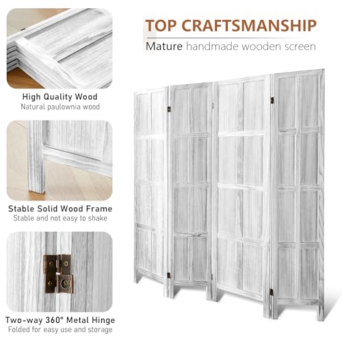 Asnefeli Wood Room Divider 4 Panel, 5.6 FT Tall Room Divider and Folding Privacy Screen, Partition Divider for Room Separation, Wooden Wall Divider Screen for Home Office Bedroom (Retro White) Asnefeli