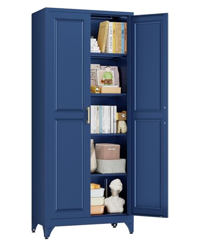 75" Tall Metal Storage Cabinet with 2 Doors and 4 Adjustable Shelves, Heavy Duty Steel Pantry Cabinet for Garage, Home Office, Kitchen and Laundry Room, Freestanding Utility Cupboard,Blue METALOONG