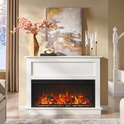 Andehomy 51" Farmhouse Electric Fireplace TV Stand with Mantel, 42" Insert Electric Fireplace Heater with Remote Control, Adjustable 3D Flame Effect, White Andehomy