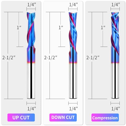 EANOSIC 5PCS Spiral Router Bits Up Down Compression Bit with 1/4" Shank 1" Cutting Length, Solid Carbide CNC Router Bit Set with NACO Coating for Wood Slot Mortise Cut Trimming EANOSIC