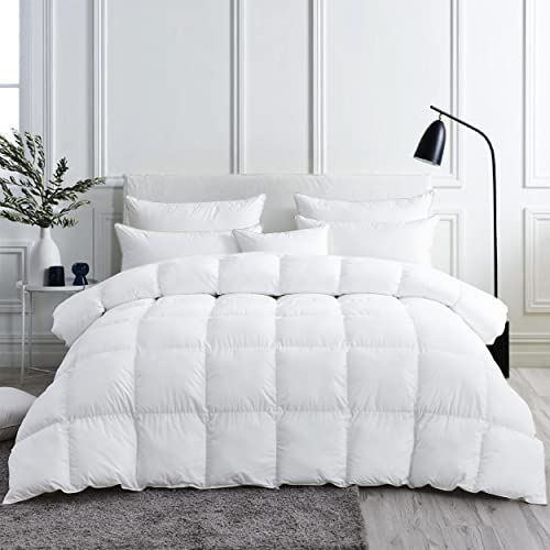 Luxurious White Solid Medium Weight, Twin Size Goose Feathers Down Comforter for All-Season Weather Duvet Insert, Premium Baffle Box, 100% Egyptian Cotton Cover, 55 oz. Fill Weight EGYPTIAN BEDDING
