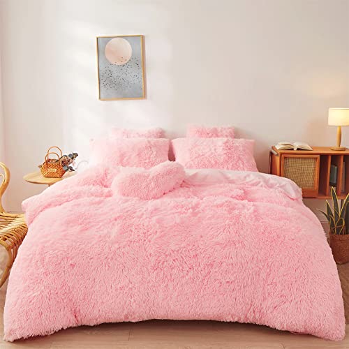 FOPPA Fluffy comforters Cover Twin Size - Ultra Soft Plush Pink Bedding Sets 2 Pieces (1 Faux Fur Comforter Cover + 1 Fuzzy Pillow case) Girls Shaggy Pink Twin Bed Set (Light Pink, Twin) FOPPA