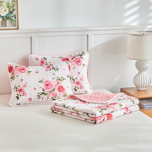 UOZZI BEDDING Floral Quilt Set 2 Pieces Twin Size White Pink Flower Soft Microfiber Lightweight Summer Reversible Coverlet Bedspread for All Season -1 Quilt 88 * 88 + 1 Pillow Sham UOZZI BEDDING