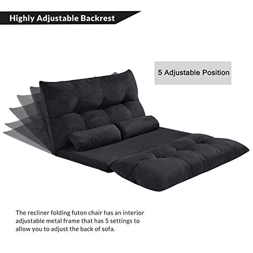 Flieks Floor Sofa Bed Adjustable 5-Position Reclining Futon Sofa Bed Foldable Lazy Sofa with 2 Pillows for Kids, Black Flieks