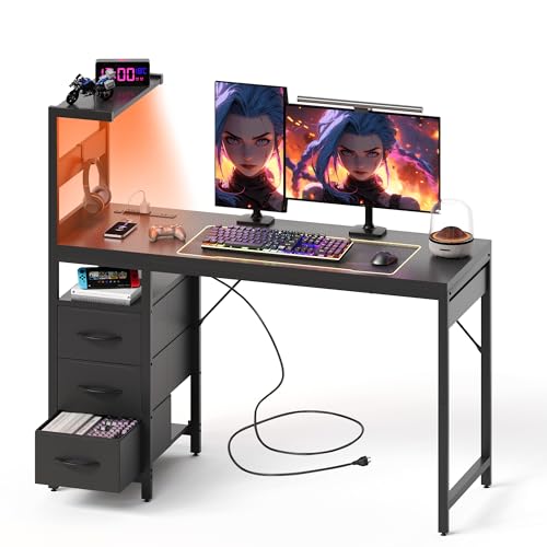 YOUDENOVA 48 Inch Gaming Computer Desk with Led Lights, Small Desk with Storage Shelves and Drawers, Reversible Compact Gamer Table for Home Office, Carbon Fiber Black YOUDENOVA