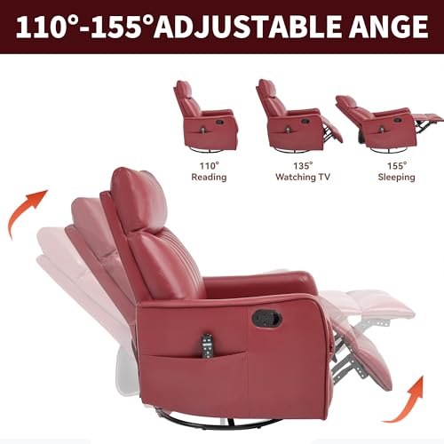 High Back Massage Recliner with Heat - Swivel Rocking Chair for Small Spaces, Manual Lazy Boy Recliner for Adults, Perfect for Living Room & Bedroom, Soft Fabric (Red)