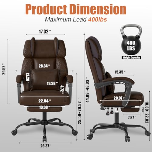 Ergonomic Office Chair with Footrest, 400lbs High Back Executive Home Office Computer Chair with Unique Ear-Shape Headrest for Neck Support,Coffee Leather Office Chairs for Home Office Work Hihady