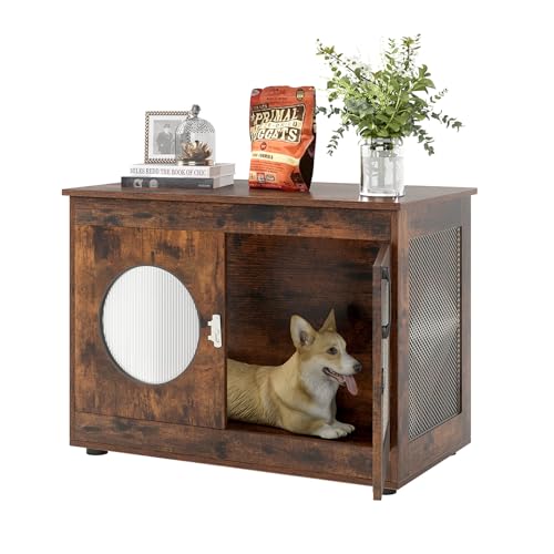 PETSITE 32.5 Inches Wooden Dog Crate Furniture, Decorative Industrial Indoor Dog Kennel Cage with Translucent Window, and Lockable Door, Pet House End Table Ideal for Small and Medium Dogs PETSITE