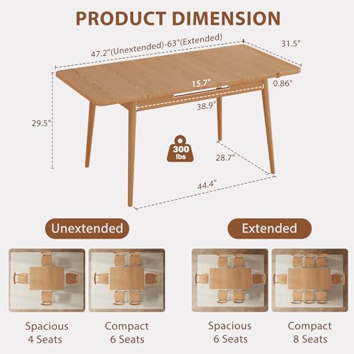Muwuele Solid Wood Extendable Dining Table for 4-8 People with Seamless Extension from 47.2 to 63 Inches, Easy Assembly, Expandable Tables for Small Spaces, Dining Room, Kitchen, Living Room, Natural Muwuele