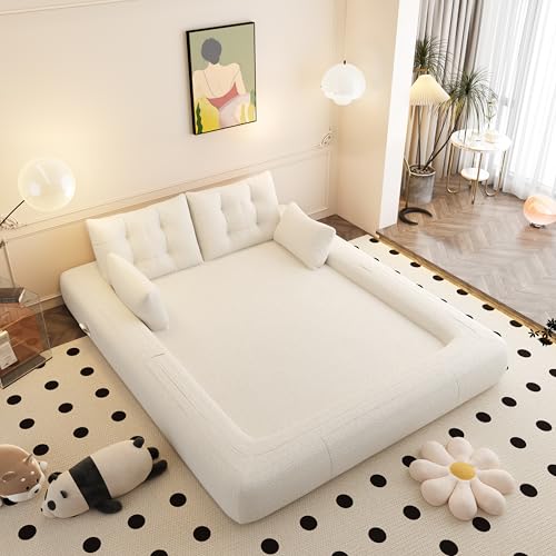 78.7" Folding Sofa Bed Queen, Foldable Floor Futon Sofa Sleeper, Convertible Boneless Mattress, Loveseat Cloud Couch for Home Living Room, Bedroom, Lounge, Apartment and Small Spaces, Beige Teddy Tmsan